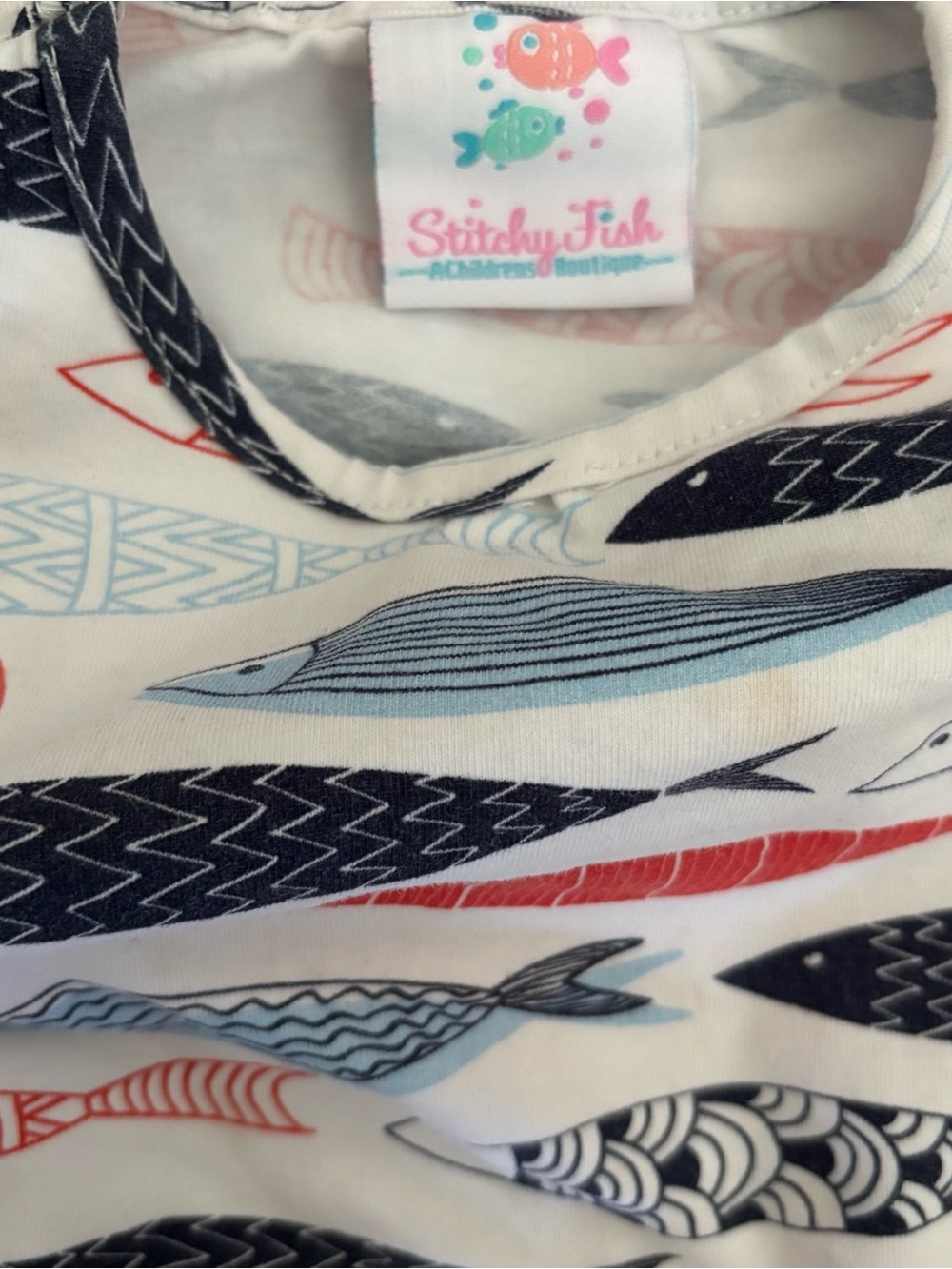 Stitchy Fish Sleeveless Baby Romper with Red, Navy & Light Blue Fish Print 18M - Picture 3 of 5